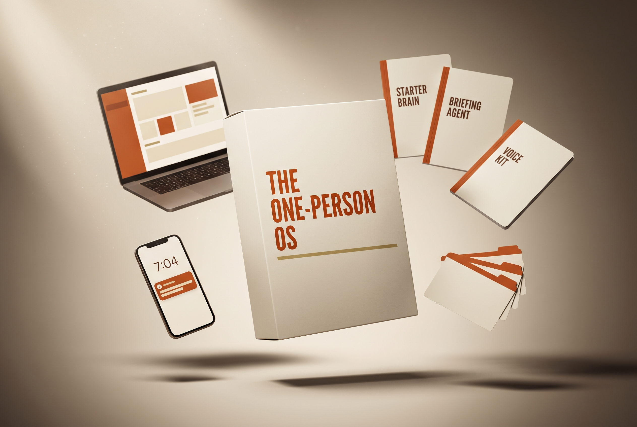 The One-Person OS: the box, dashboard laptop, 7am briefing phone, skill cards and the Starter Brain, Briefing Agent and Voice Kit guides