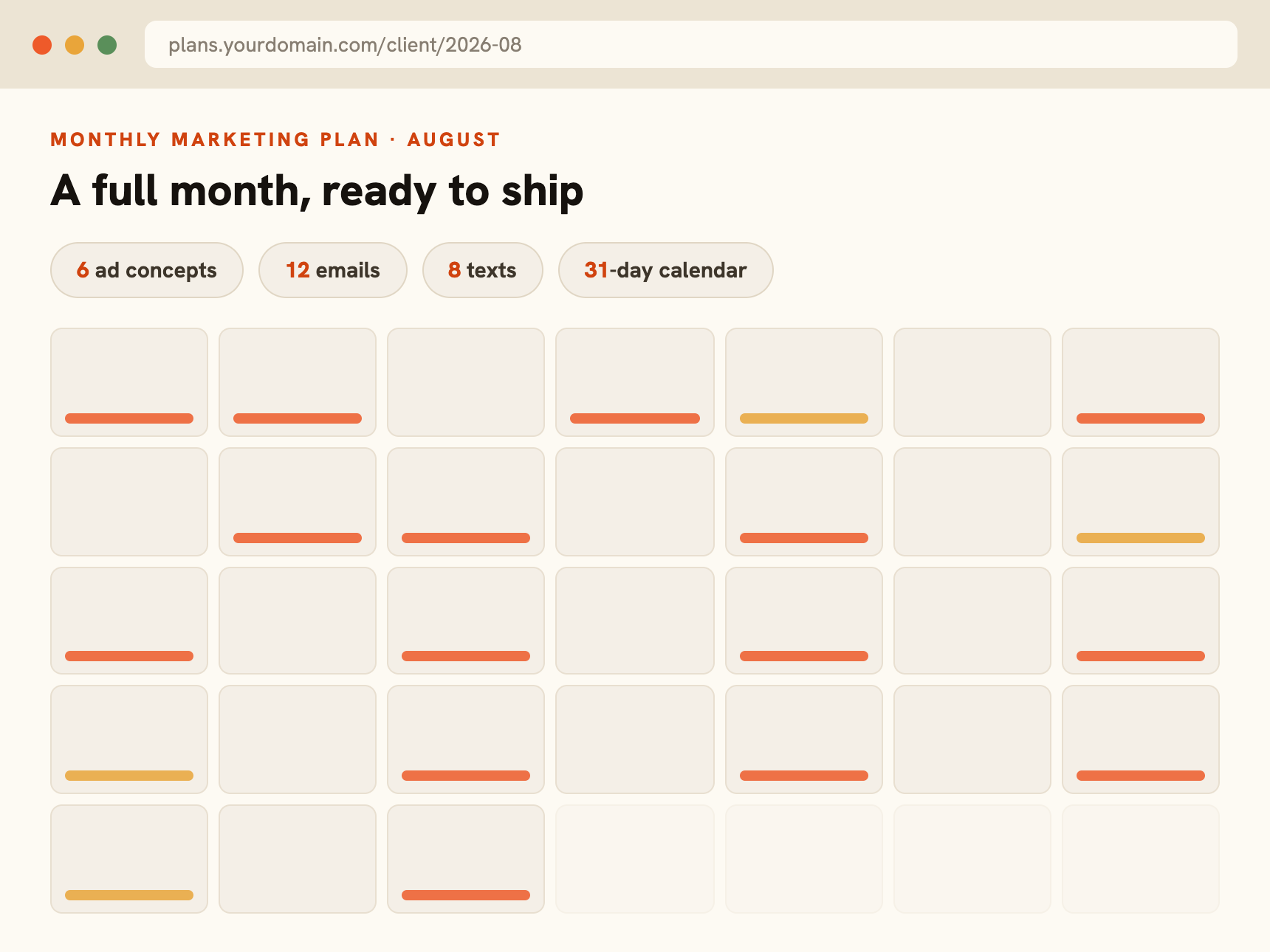 A monthly client marketing plan page: ads, emails, texts, content calendar