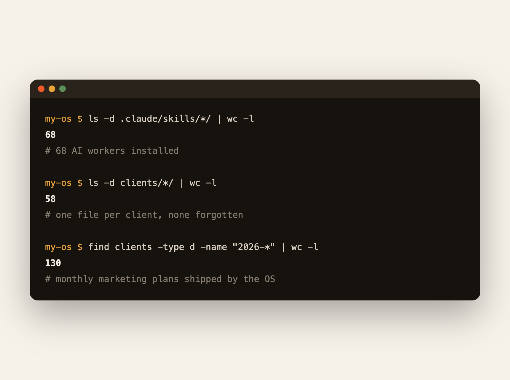 The OS workspace counted in the terminal